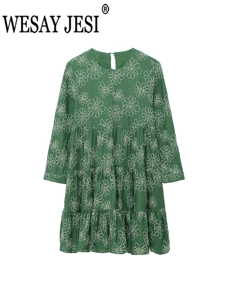 

WESAY JESI модные женские платья с рукавом три четверти круглым вырезом вышитыми цветами, свободные повседневные женские платья