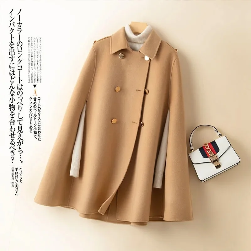

2022 100% Wool Mid Long Bat Cape Women Woolen Coats Autumn Loose Double Sided Cashmere Coat Female Fashion Camel Black Outerwear