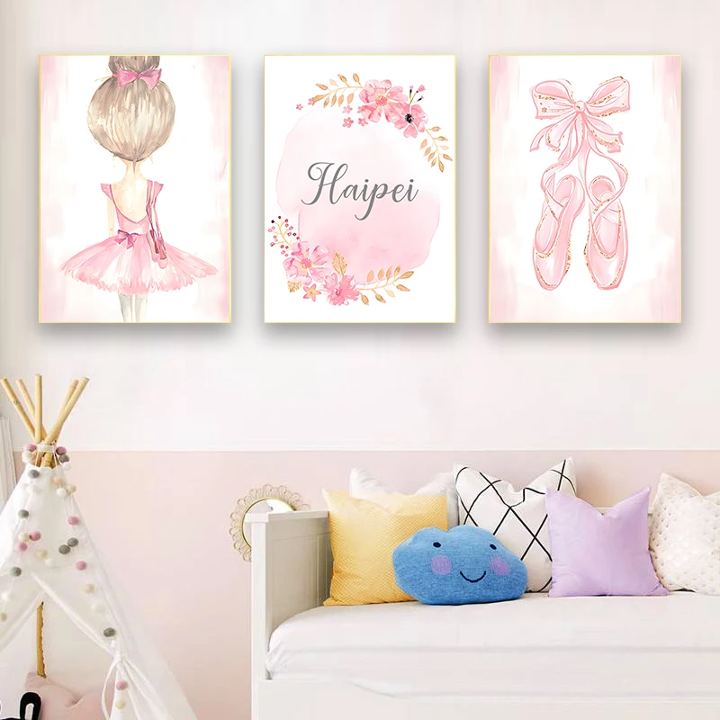 

Pink Cartoon Canvas Art Painting Ballet Girl Poster Custom Name Print Nordic Picture Nursery Wall Painting Girls Room Decoration