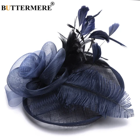 Женская вечерняя фетровая шляпа BUTTERMERE, элегантная сетчатая шляпка с перьями для невесты, для танцев и свадьбы, белого и синего цвета