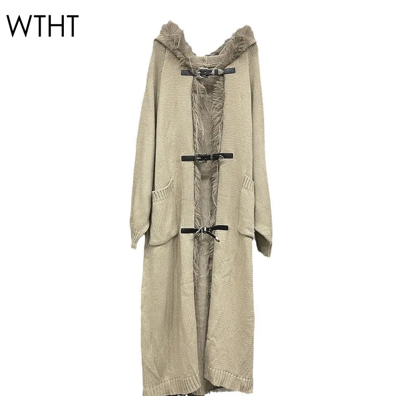 WTHT модный новый женский вязаный длинный плащ с плюшевыми краями 2024 осенняя