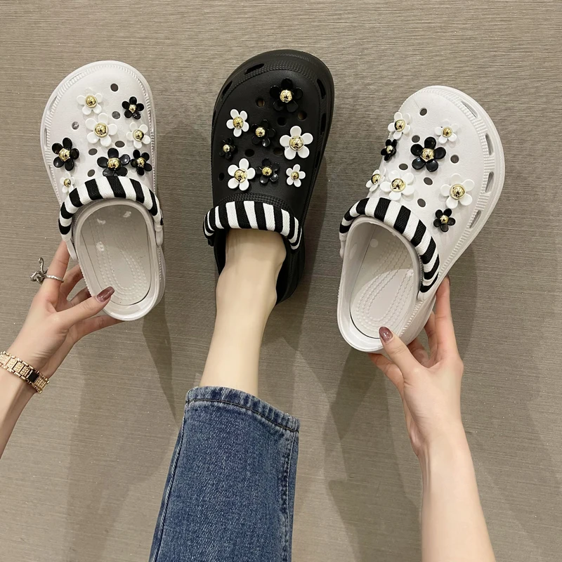 

Shoes Woman's Slippers Fretwork Heels Low Flower Platform Cover Toe Slides 2022 Rubber Summer Fabric PU Floral Rome Hoof
