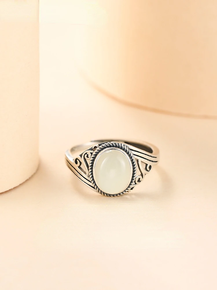

S925 Sterling Silver Vintage Jade Ring Women's Simple Elegant Artistic Hetian Jade Ring Ring Valentine Gift