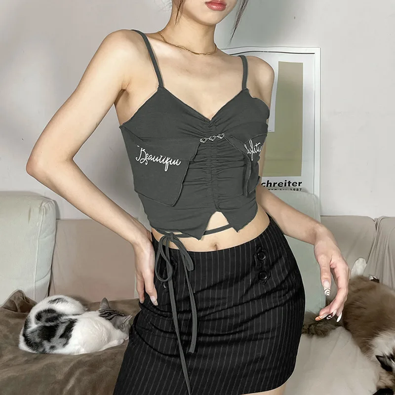 

Distressed Retro Sexy Mature Summer Cool Slim Feminine Desire Charm Babes Hot Stitching Elastic Women Camisole Short Top