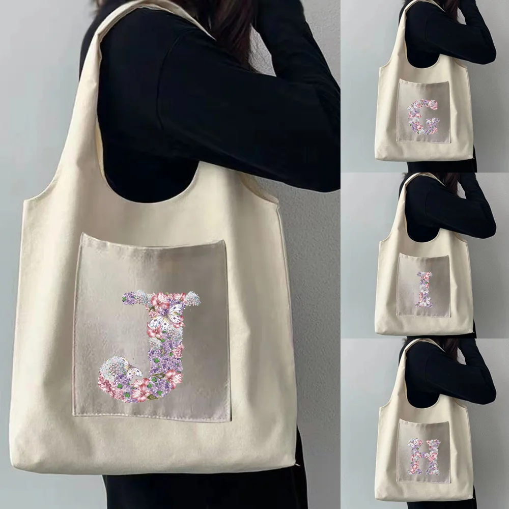 

Trend Woman Shopping Bag Street Reusable Tote Commuter Bags Casual Rose Flower Print Handbag Beige All-match Ladies Sundries Bag