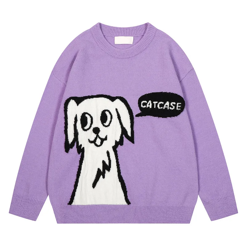 Vintage Hong Kong Style Cartoon Dog Motif Jacquard Sweater Loose Fit Casual Knitted Top Round Neck Autumn/Winter Pullover |