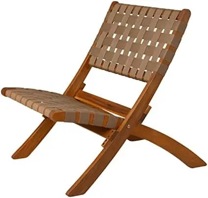 

Sava Indoor Outdoor Folding Chair All Weather Wicker Low Slung Portable Seating Solid Acacia Wood Woven Seat & Back Indoors Fol