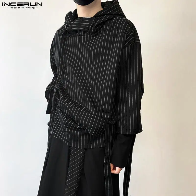 

INCERUN Spring 2023 Mens Hoodies Fashion Stripe Hooded Sweatshirts Casual Tops Vintage Casual Black Men Clothing Oversized S-5XL