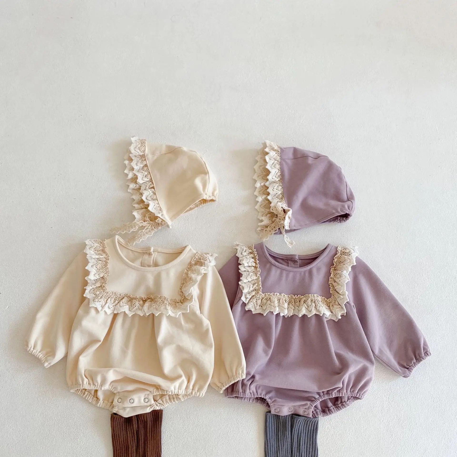 

Bodysuits Spring Autumn Girl Baby Lace Lotus Leaf Edge Long Sleeved Round Collar Pleated Cotton Active Simple Princess Style