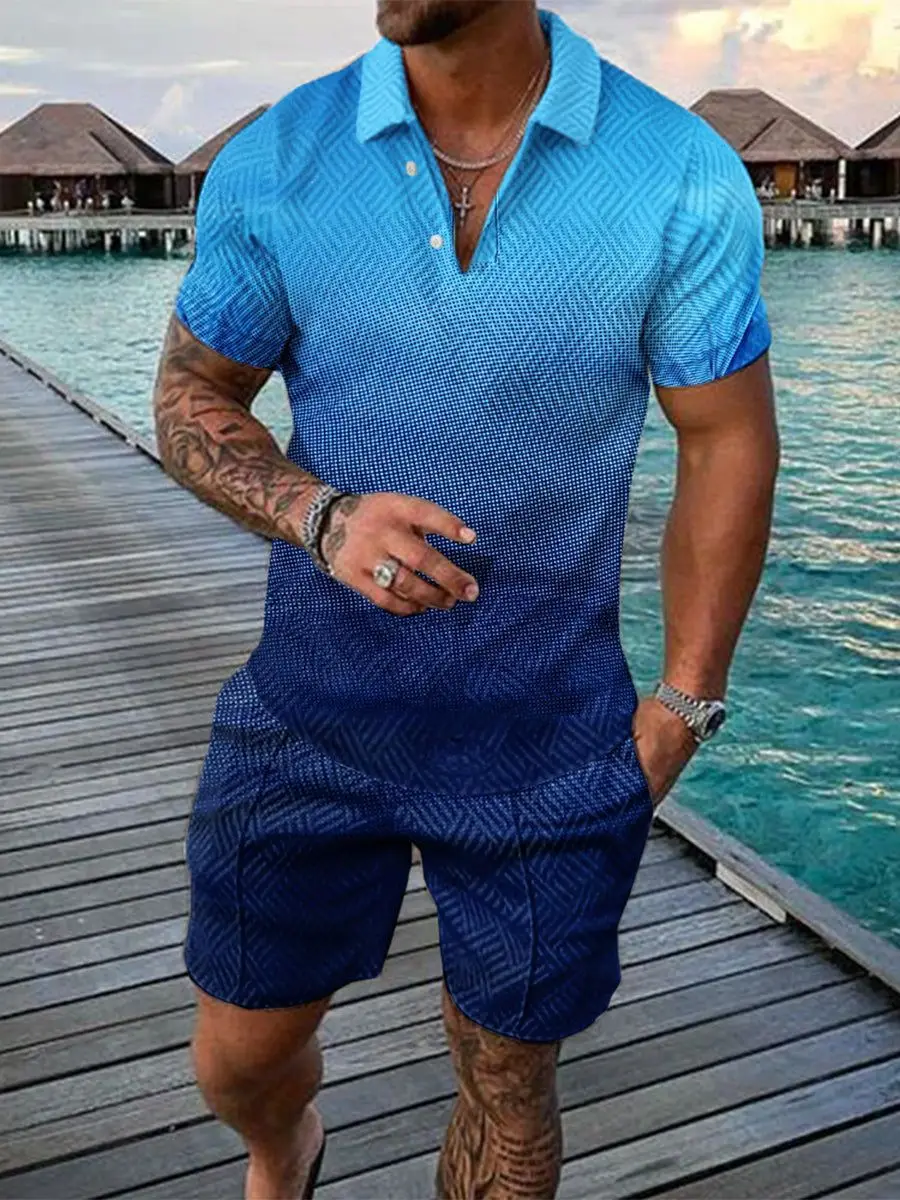 Summer Men Short-sleeved Polo Shirt Beach Shorts 3D Printed Zip-Collar Sports 2-piece Set High Quality Casual Fashion Polo Shirt