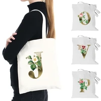 women shopping bag organizer canvas tote bag large capacity golden flower letter pattern shoulder handbag commute shopper bag