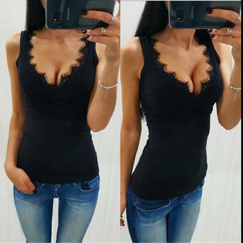 

Lace Patchwork Tank Tops Women 2022 Black Summer Vest Sleeveless Camisole V-Neck Slim Sexy Tops And Tees Ladies Tanks