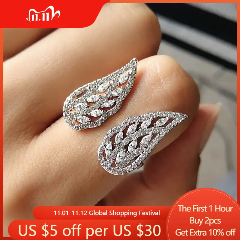 

Silver Color Adjustable Angel Wings Ring Micro Pave Zircon Rings for Women Fashion Jewelry Bague Femme Female Gift Drop Shipping