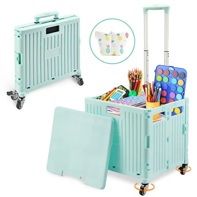 

Portable Rolling Green Utility Cart with 360° Rotate Wheel, Handcart Shopping Trolley, Lid Wear-Resistant Noiseless Wheel Box,