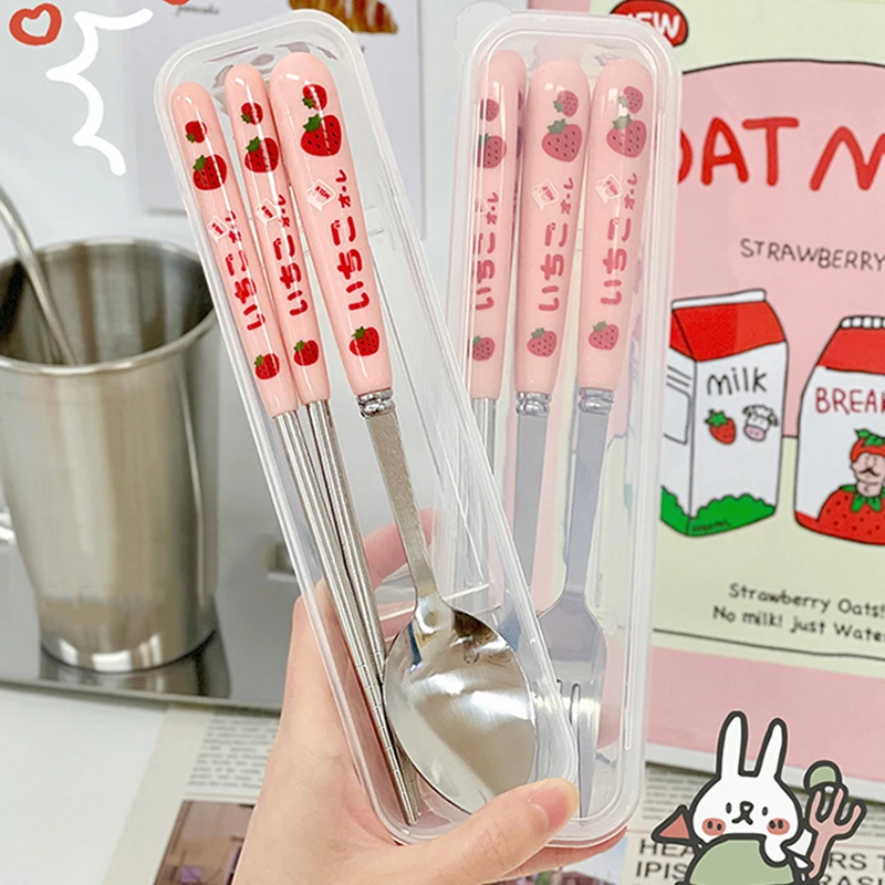 

Cute Chopsticks Spoon Fork Dinnerware Sets with Case Portable Travel Stainless Steel Cutlery Set Tableware Kitchen Utensils