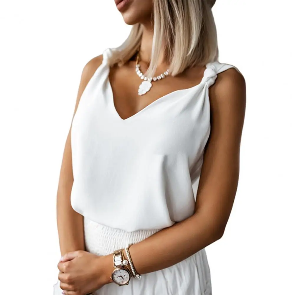 

Women tops Summer V-neck Knotted Shoulder Straps Vest Solid Color Loose Fit Sleeveless Tank Tops Streetwear ropa de mujer