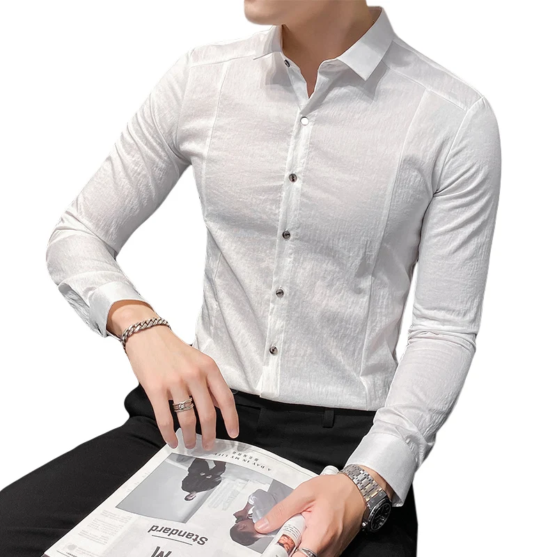 Solid Color Cotton Shirts Men Long Sleeve Slim Fit Business Casual Shirt Formal Social Party Streetwear Blouse Chemise Homme