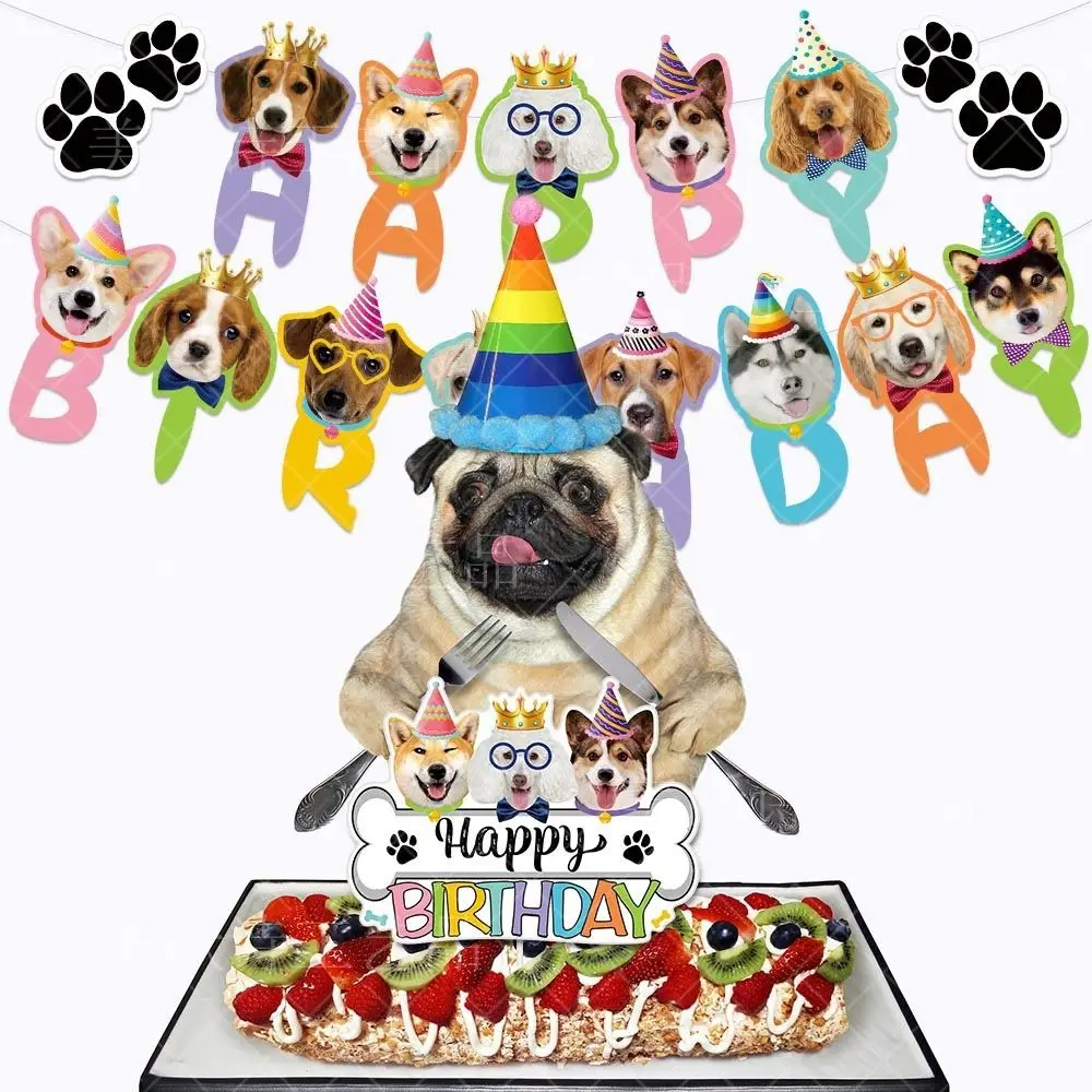

Dog Face Photo Props Pet Dog Theme Easy Use Birthday Pull Flag Animal Portrait Banner Party Bunting Cake Accessories