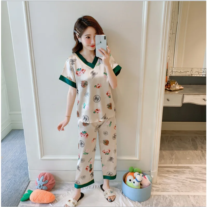 Summer and autumn pajamas women's stretch simulation silk short sleeve long pants V-neck cartoon cute casual ice silk loungewear