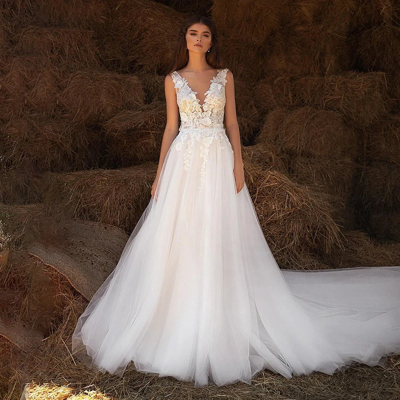 

Sexy Deep V-Neck Wedding Dress 3D Lace A-Line Fashion Sleeveless Appliques Bridal Gown Backless Zipper Train Vestido De Noiva