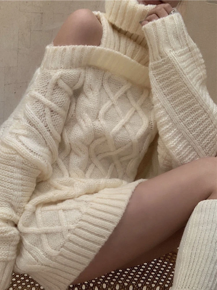 

Korea Soft Girl Lolita Turtleneck Knitwear Jacket Off Shoulder Long Sweater Pullover Abstinence Maiden Hip Hugging Sexy Sweater