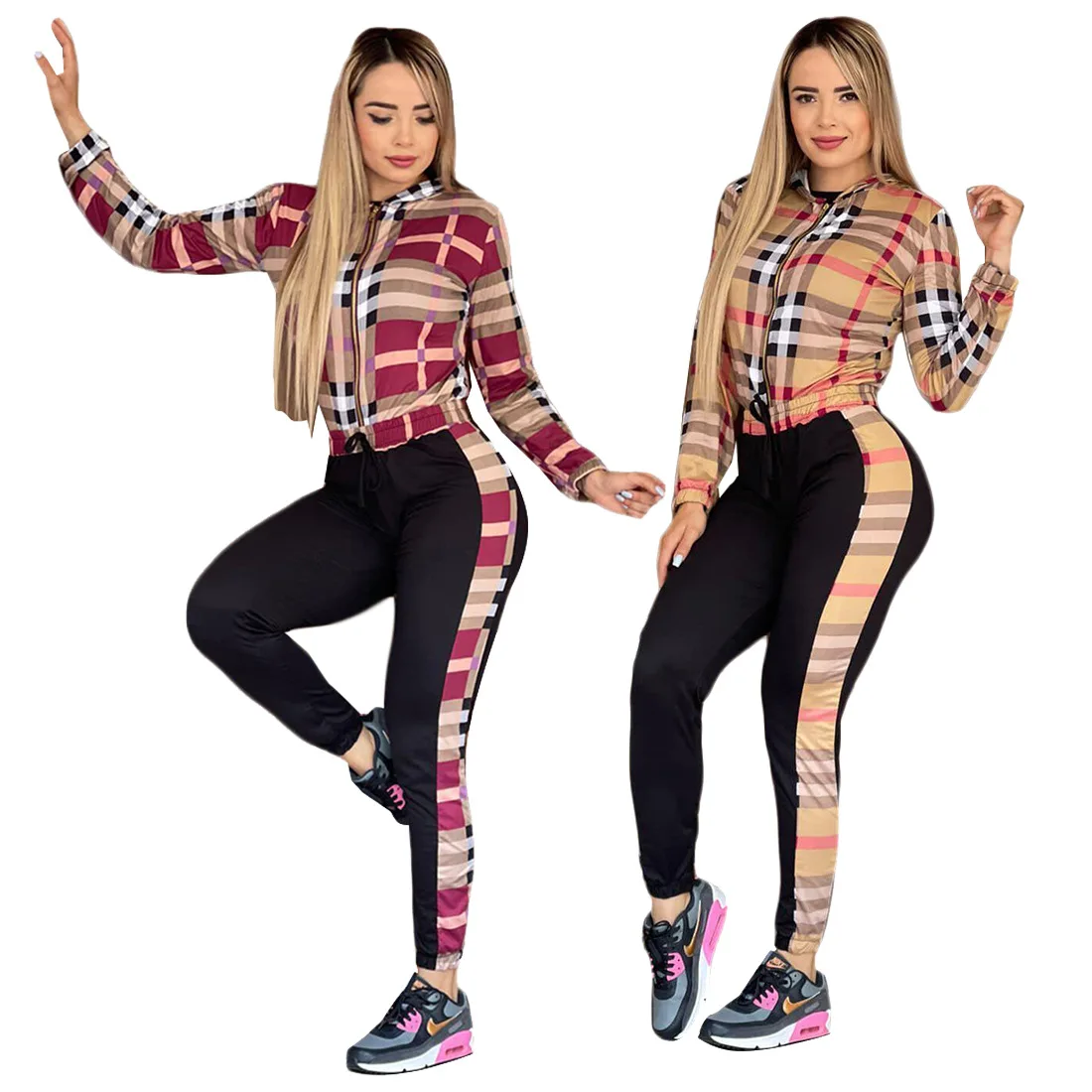 

2022 Women's Spring New Plaid Fashion Print Casual 2-Piece Set Outdoor Street Trend Coat Hooded Pants Set Slim Fit and Thin