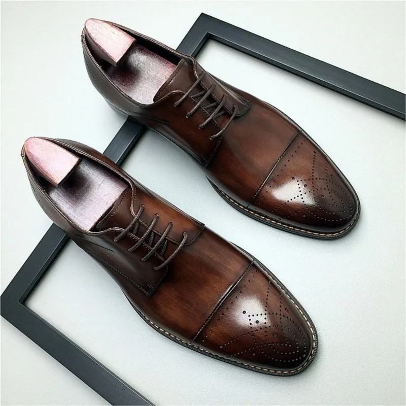 

brogue men wedding dress shoes fashion Genuine Leather Round head Lace up Business shoes formal Black brown color Party shoe