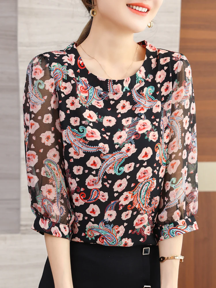 

Print Blouses Spring Summer 2022 Short Sleeve Loose Women's Shirt O Neck Elegant Top Mother Chiffon Woman Blouse