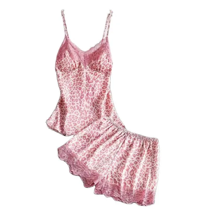 Summer Women's Leopard Print Sling Pajamas Homewear Suit Lace Lace Sexy Comfortable Summer New Style