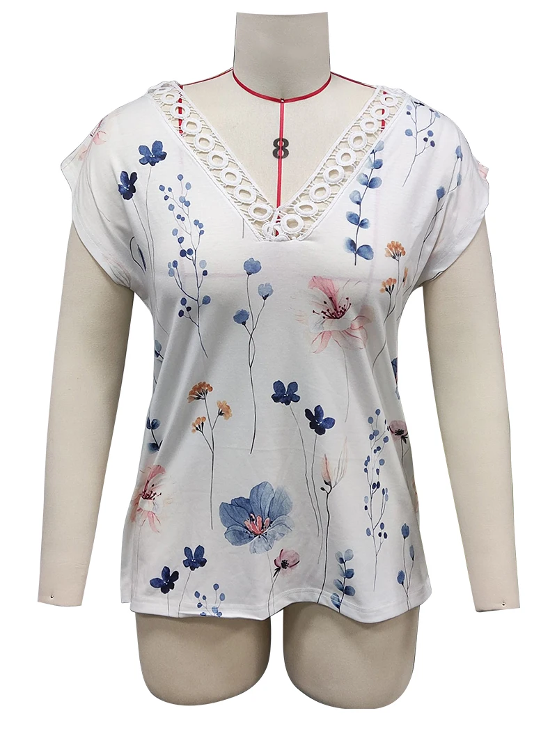 

White Color Printing Quick Dry Fashionable V-neck Elegant Botton Short Sleeve Top Female Cozy Wholesale Blouse