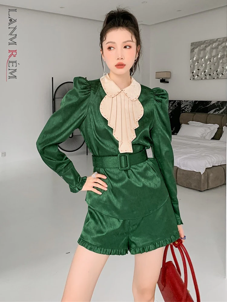 

LANMREM Green Long Sleeves Shirt Vintage Womens Outifits Diamond Peter Pan Collar Tops Female Fashion 2022 Spring Clothing 2M345