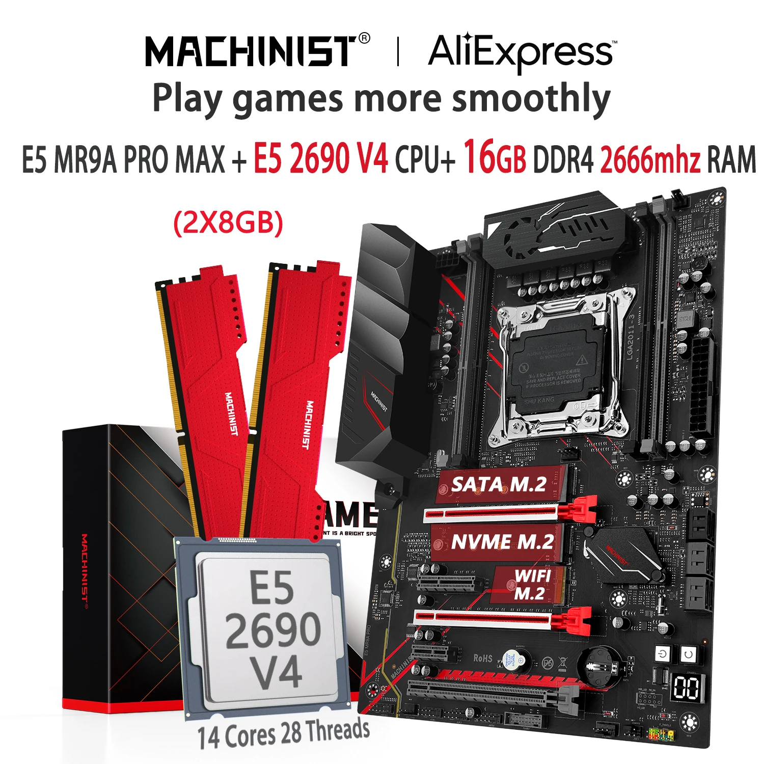 

MACHINIST X99 комплект материнской платы LGA 2011-3 комплект Xeon E5 2690 V4 цпу 16 гб (2*8 гб) DDR4 озу 2666 мгц память Nvme M.2 SATA MR9A PRO MAX