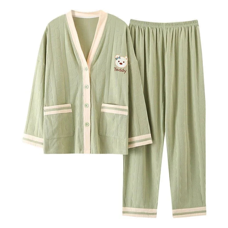 M-5XL Women Cardigan Cotton Pajamas Set Long Sleeve Autumn Winter Homesuits for Girl Elegant Lady Cartoon Sleepwear Casual Pjs