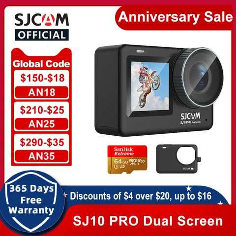 SJCAM SJ10 Pro Dual Screen, Экшн-камера, 4K 60FPS, Wi-Fi, Гироскопическая защита от сотрясений, батарея 1300 мАч, водонепроницаемый корпус 5 метров, камера на шлем...