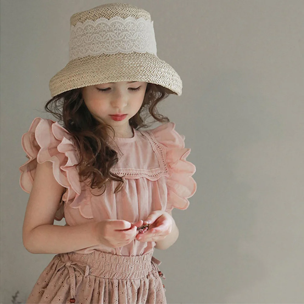 

Girls' Short Sleeve 2023 Summer Edition Cotton Small Round Neck Ruffles Double Layer Flying Sleeve Hollow out Small Lace Top