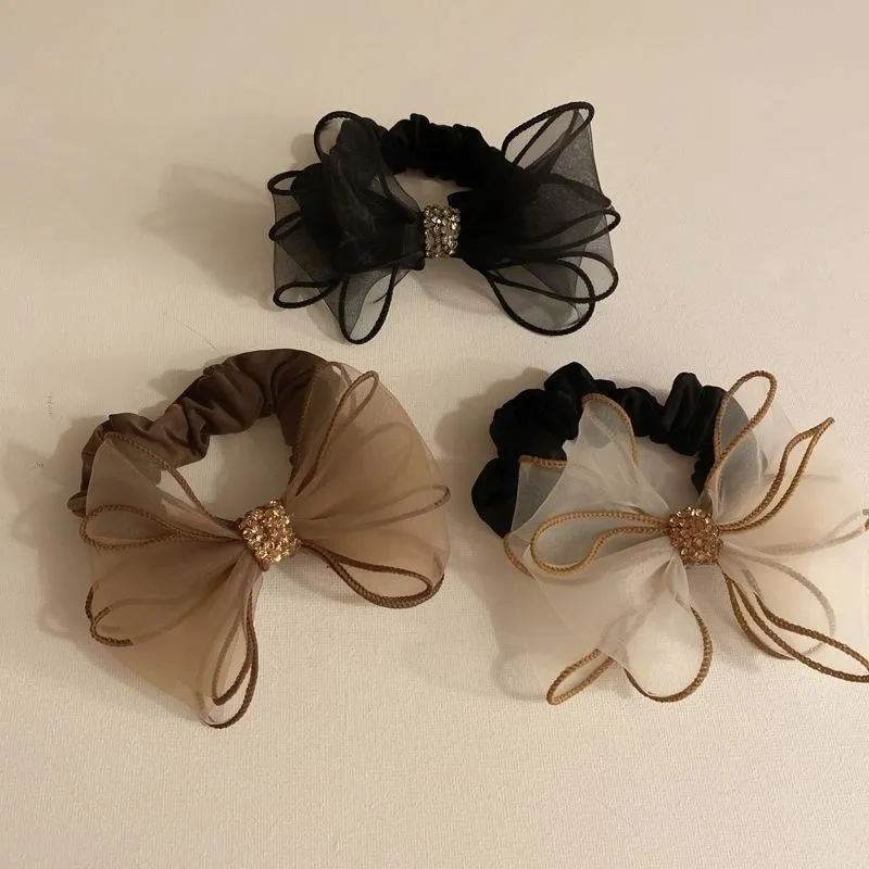 

New Mesh Rhinestone Bow Hair Ties Scrunchies Women Girls Elastic Hair Bands Headwear Ribbon Bowknot Ponytail Hair Accessories