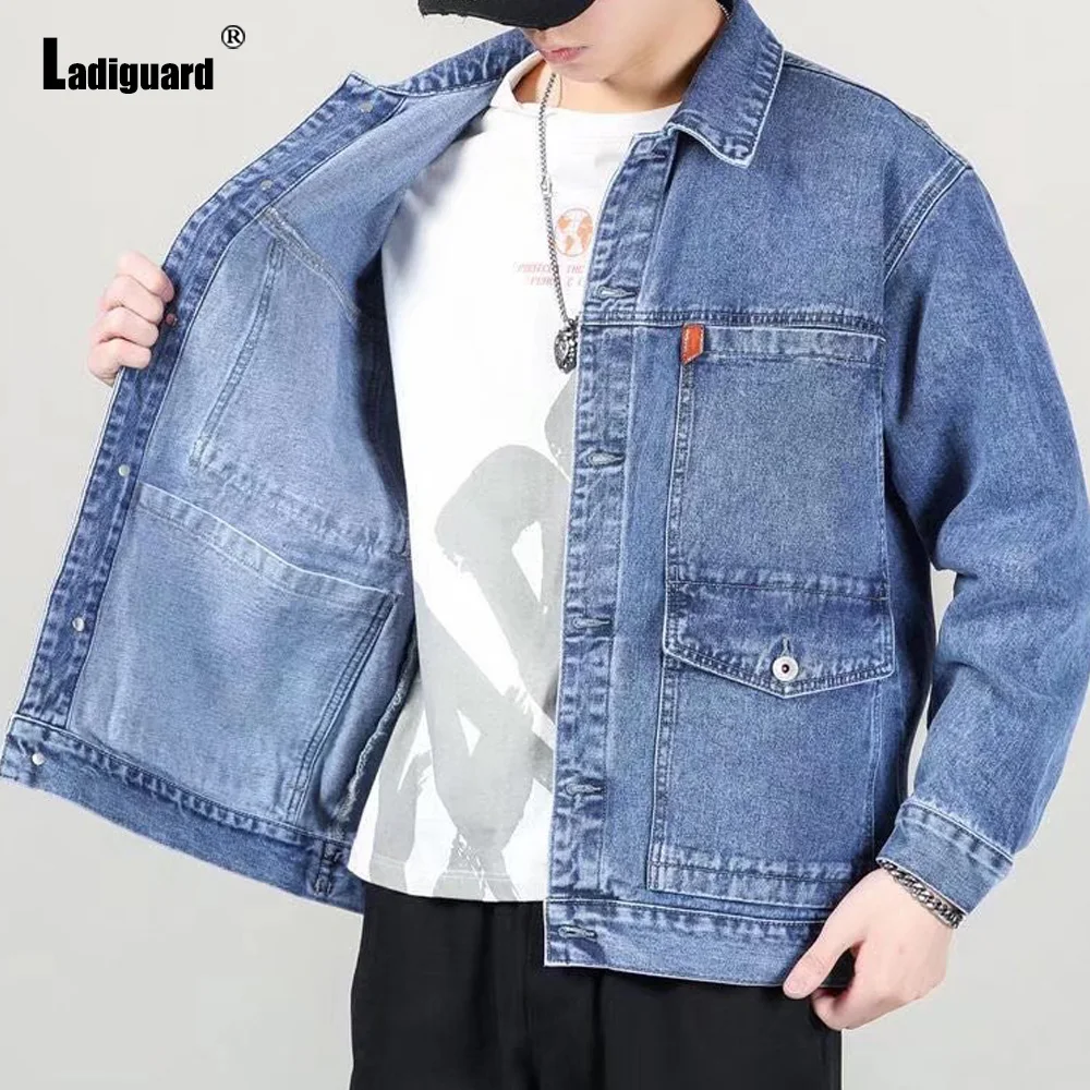 

Ladiguard 2023 New Spring Casual Slim Fits Denim Jackets Men Jean Tops Outerwear Korean Fashion Huge Pockets Denim Coats