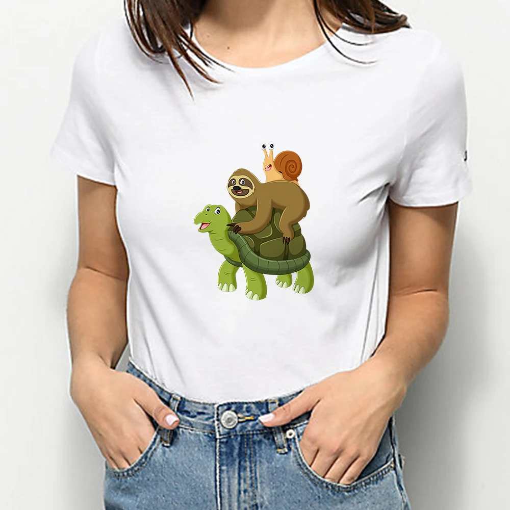

Snail Sloth Turtle Pattern Women T-Shirt Harajuku Fashion Style Crewneck Elegant Beautiful Top For Short Sleeve Trendy Clothes