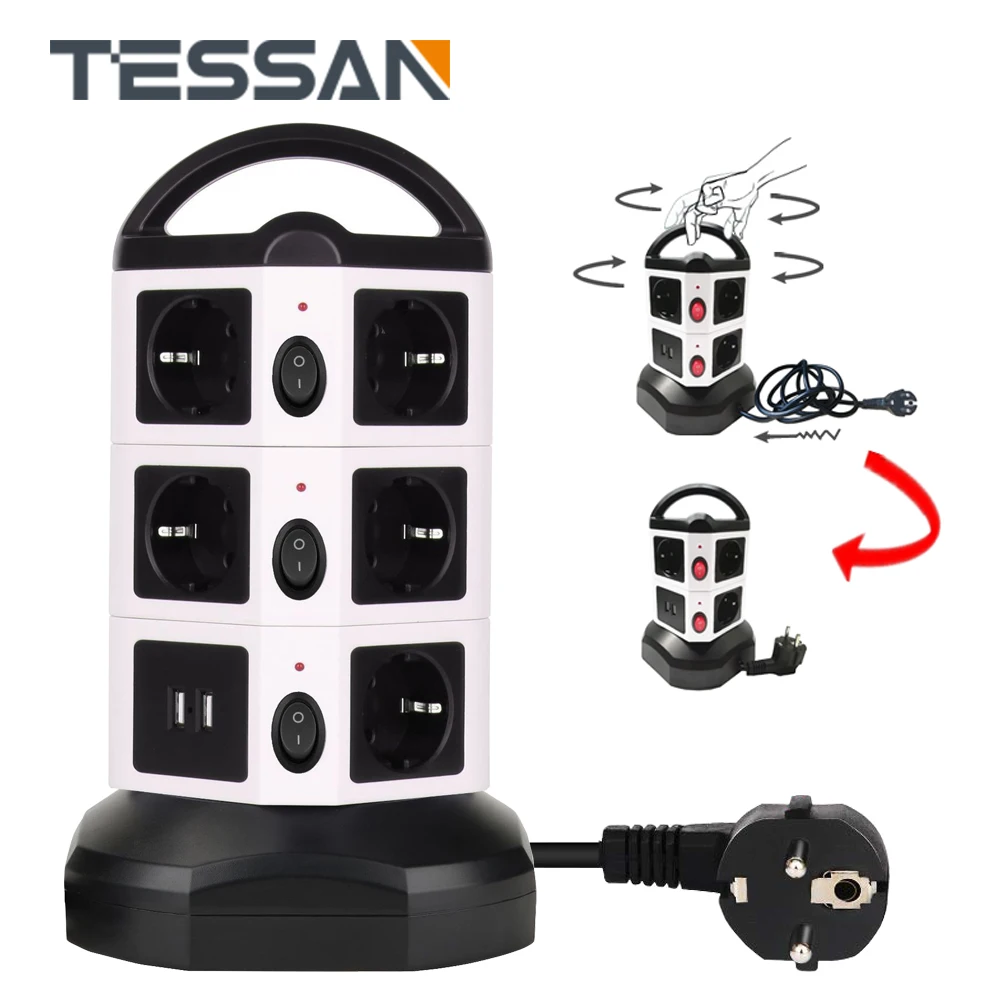 Удлинитель TESSAN с европейской розеткой и 6/10 розетками переменного тока, 4 USB-порта, кубическая розетка с удлинительным кабелем 2 м для дома и офиса