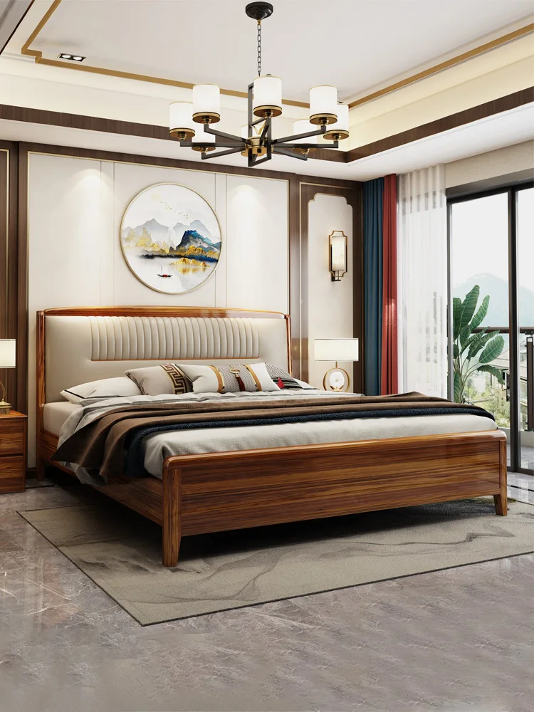 

Black gold wood bed 1.8m/1.5m solid wood double bed master bedroom king bed light luxury new Chinese leather bed with soft bag