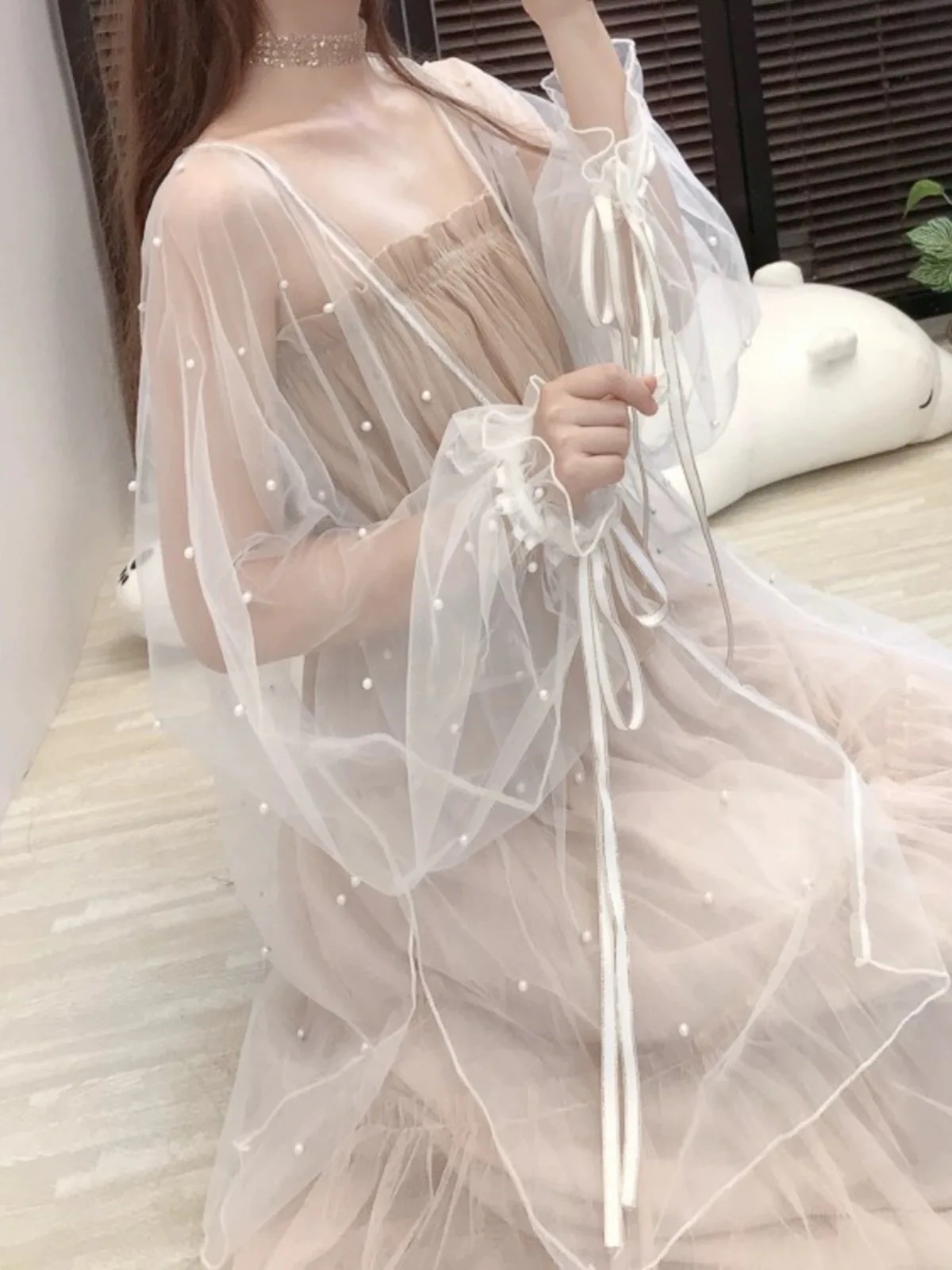 Корейский стиль милое прозрачное сетчатое кимоно с бисером кардиган женские