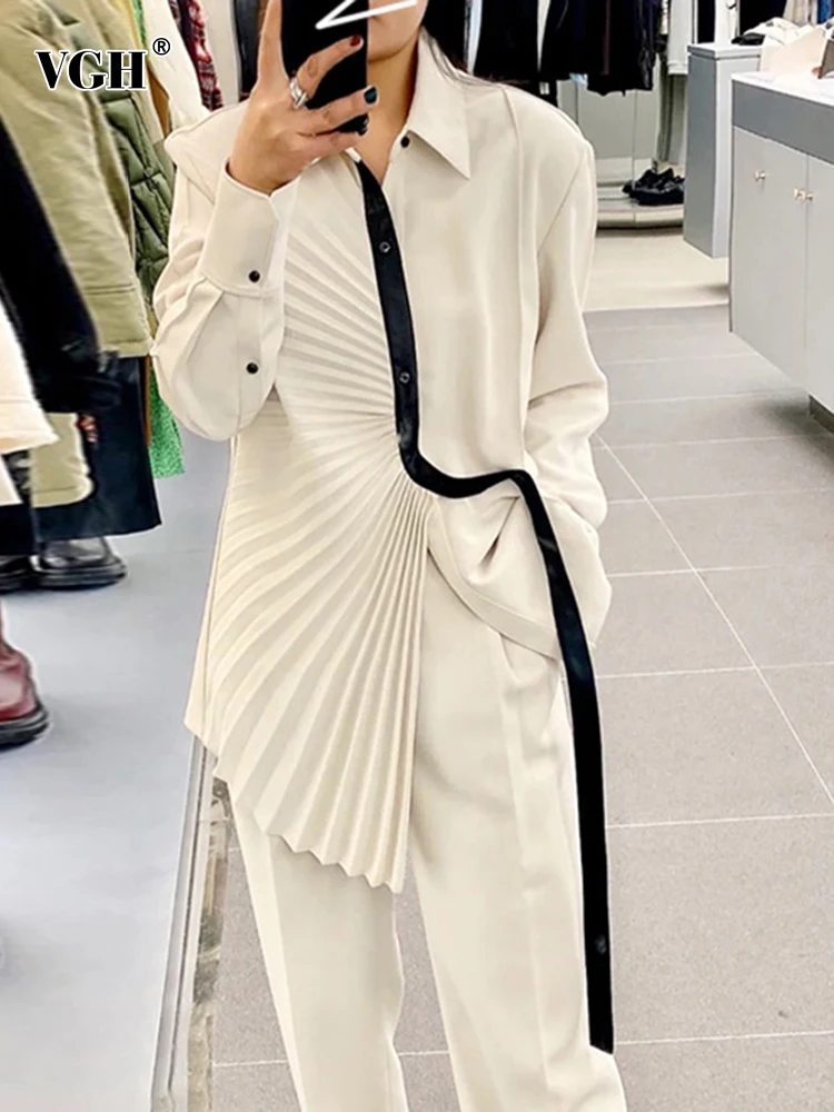 

VGH Korean Style Colorblock Shirt For Women Lapel Long Sleeve Patchwork Folds Button Through Shirts Female Spring Clothing Style