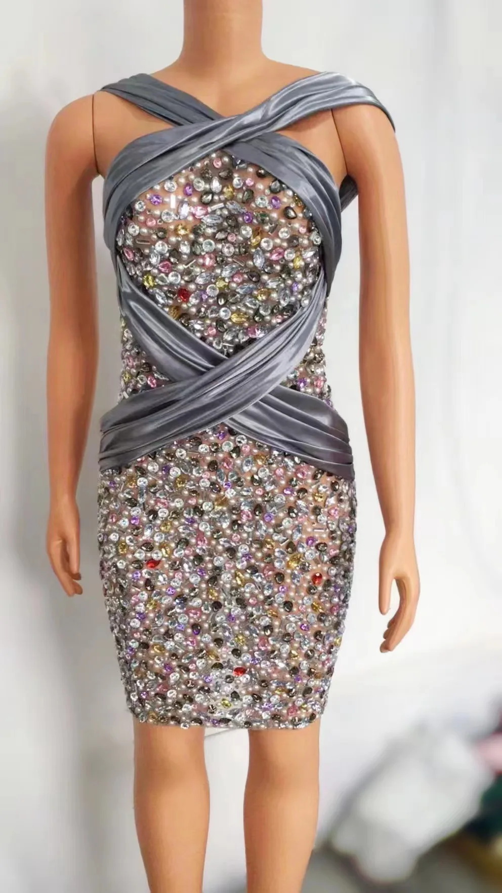 

Sparkly Multi-color Rhinestones BandageShort Dress Evening Birthday Prom PartyDress Women Dancer Show Crystal Costume