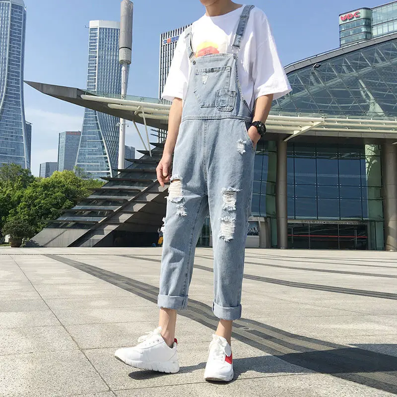 Summer Denim Strap Pants Men's Fashion Loose Couple Versatile Jumpsuit South Korean Fashion Youth Jumpsuit Strap Pants Jeans