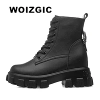 woizgic womens female ladies genuine leather ankle shoes boots platform zipper warm winter fur motorcycle lace up increase