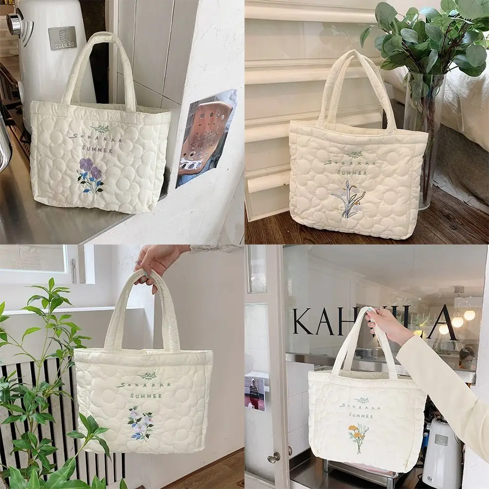 Polyester Fresh Flower Embroidery Handbag Temperament Korean Style Solid Color Tote Bag INS Student