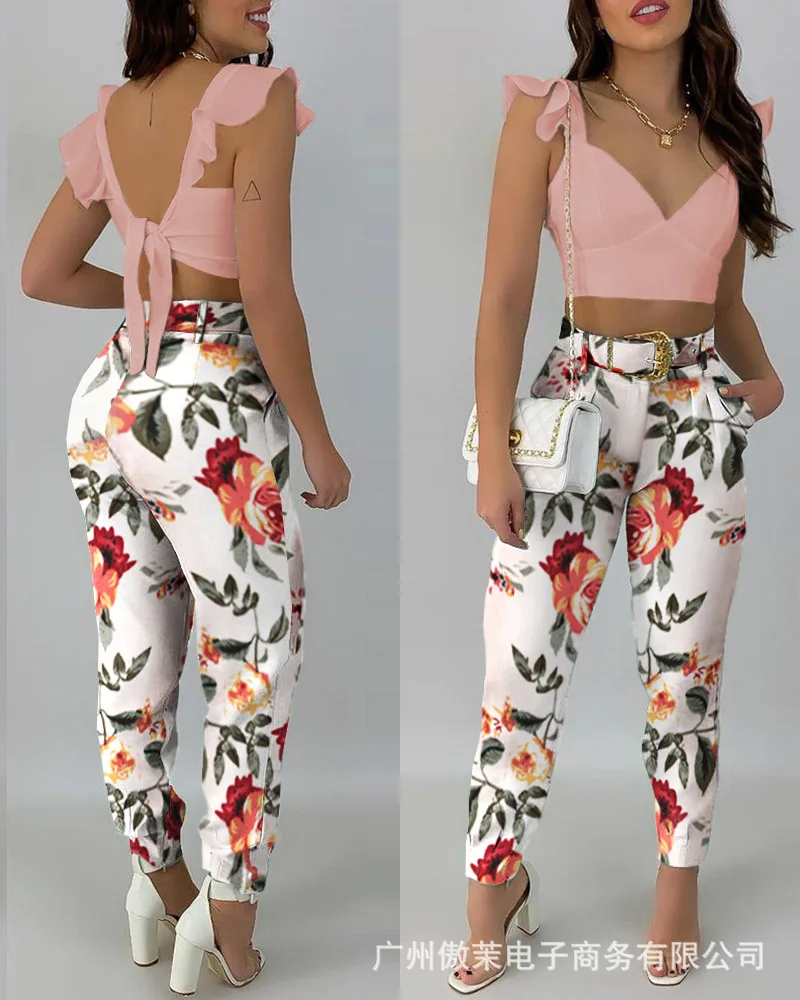 

Women Sweet Temperament Suit 2022 Summer New Pink Floral Print Set Sexy Backless Tops & High Waist Trouser Suit 2-piece Sets