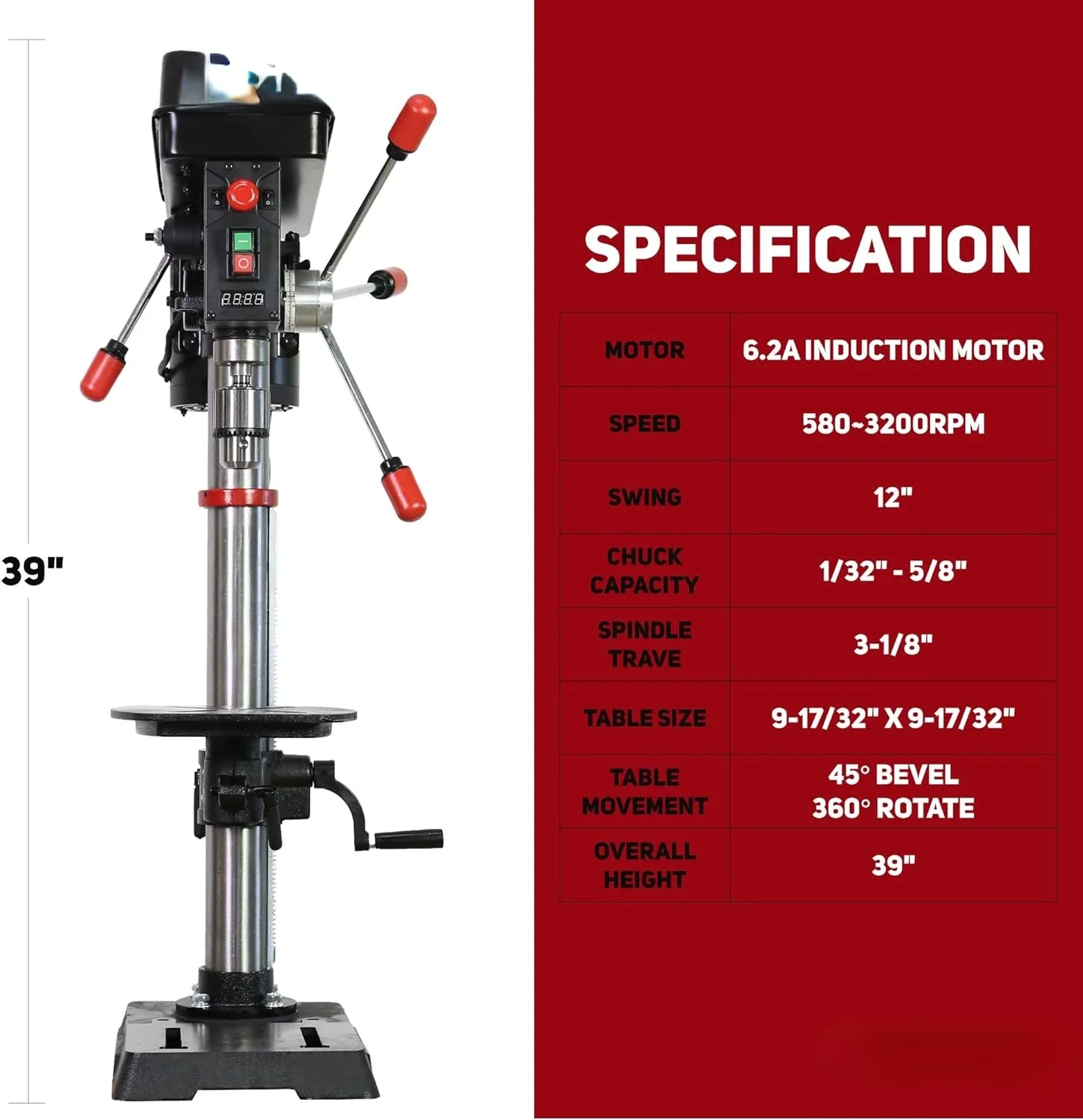 Профессиональный Настольный сверлильный станок 12 дюймов 6 2 А мощный 3/4 л.с. с