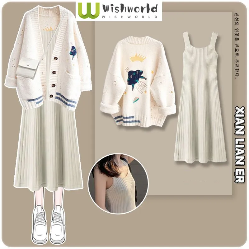 Корейский мультфильм вязаный свитер кардиган приталенное подвесное платье из