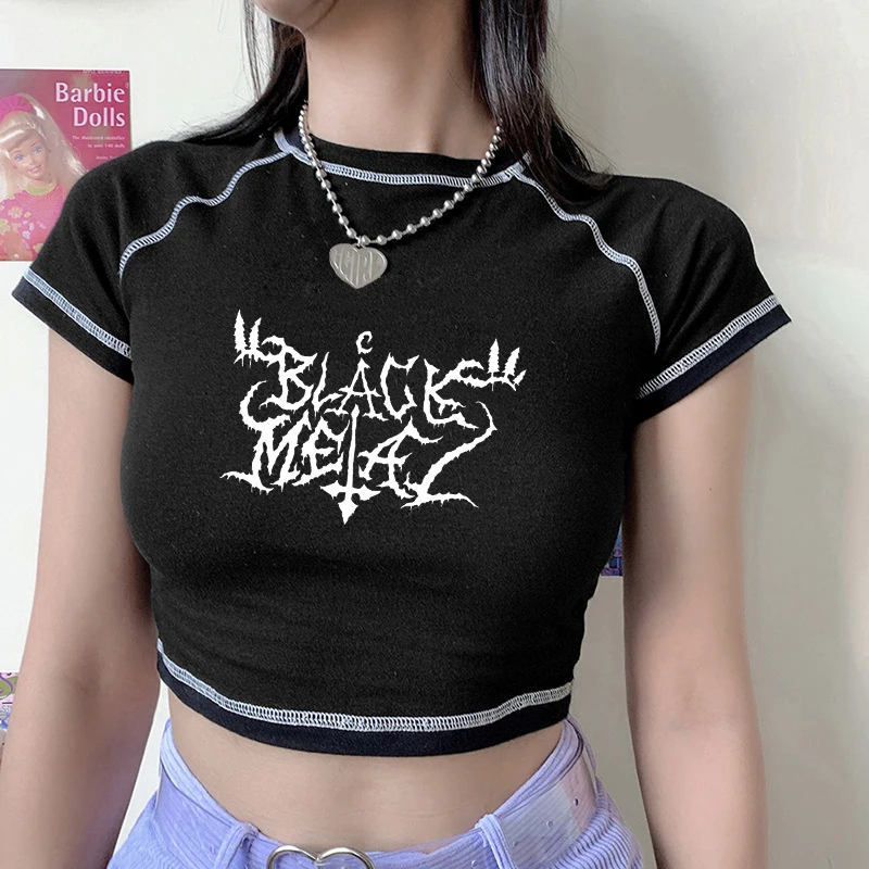 

aesthetic cropped top Slim letter print slimming sense emo short sleeve t-shirts y2k gothic clothes 2022 new spring Summer